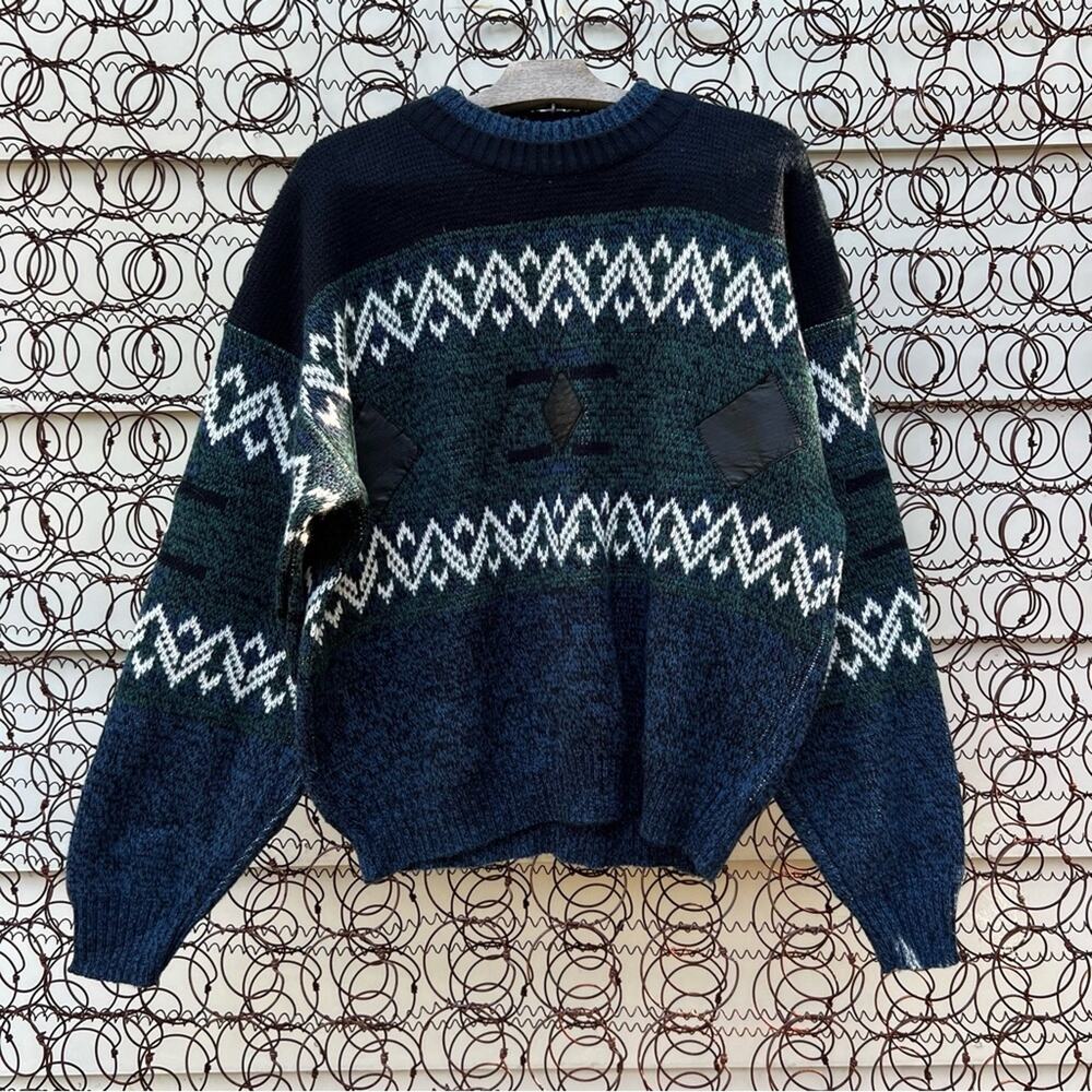 Vintage 80s Fluid Argyle Fair Isle Chevron Sweater faux leather diamond patch